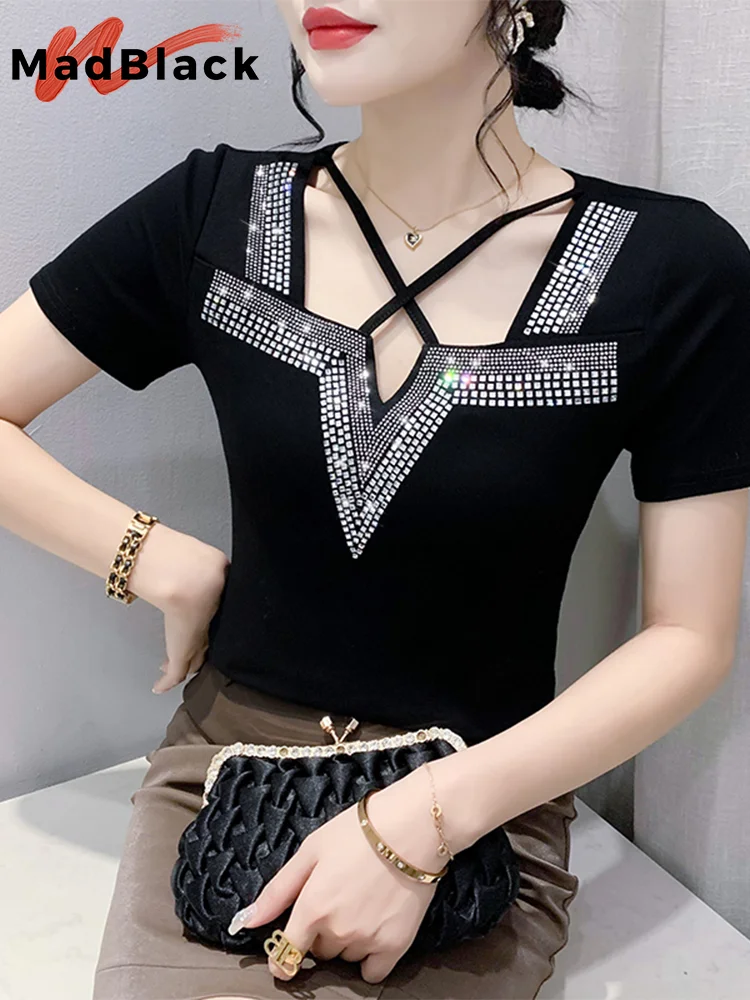 MadBlack Summer European Clothes T-Shirt Women Sexy V Necks Shiny Luxury Beaded Tops Short Sleeves All Match Tees Hand T34733M