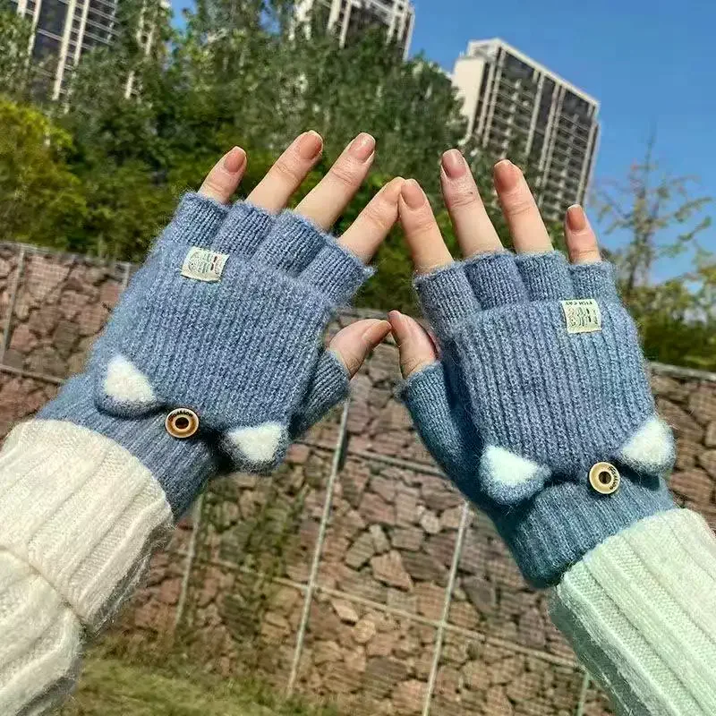 1 زوج القفازات لطيف الوجه نصف اصبع قفاز للنساء الفتيات الشتاء لينة الدافئة قفازات سميكة طالب قفازات الكتابة مقاومة البرد #1