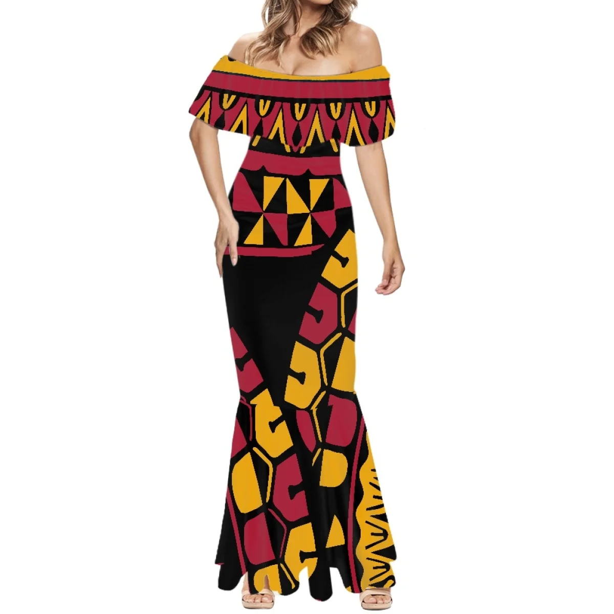 HYCOOL Polynesian Tribal Hawaiian Totem Tattoo Hawaii Print Sexy Strapless Wedding Dress Off Shoulder Party Formal Occasion Wear