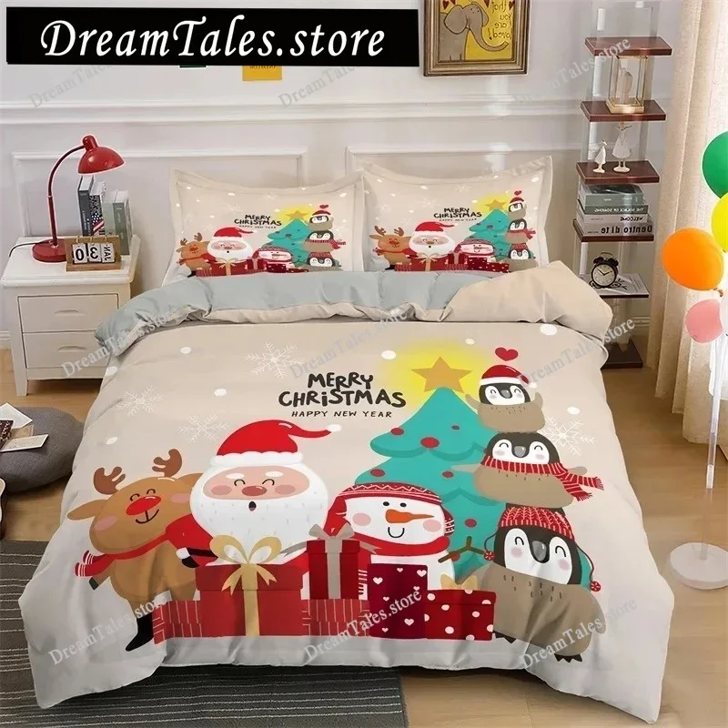 Merry Christmas King Queen Bedding Set Santa Claus Snowman Comforter Cover Christmas Tree Duvet Cover Red Polyester Quilt Cover