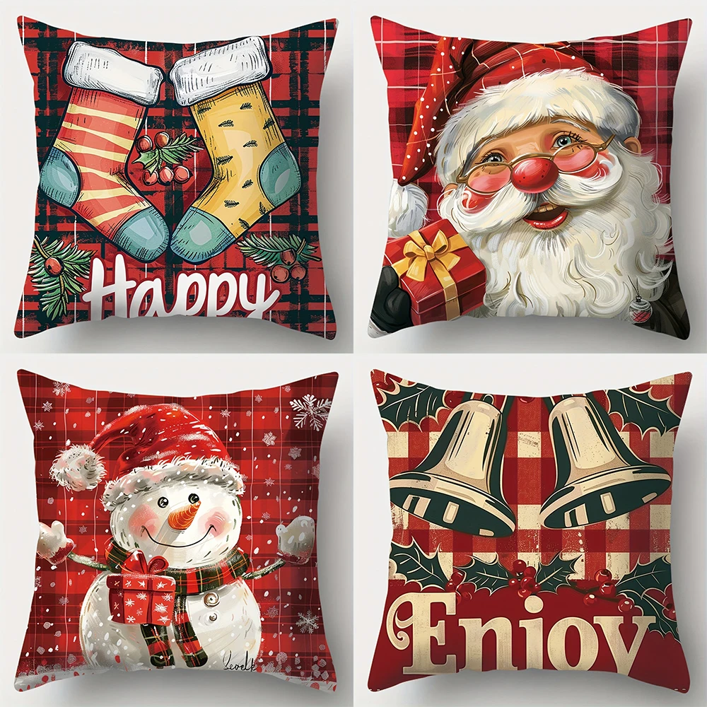 Christmas decoration pillowcase New Year gift retro country Santa Claus Snowman Plaid pattern home decoration sofa cushion cover