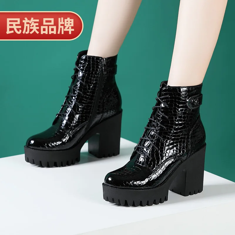 8cm Small Size 32-43 Thick Bottom Soft Leather Platform Shoes Fall Winter 2023 High Heels Ankle Boots Fur for Office Mom botines