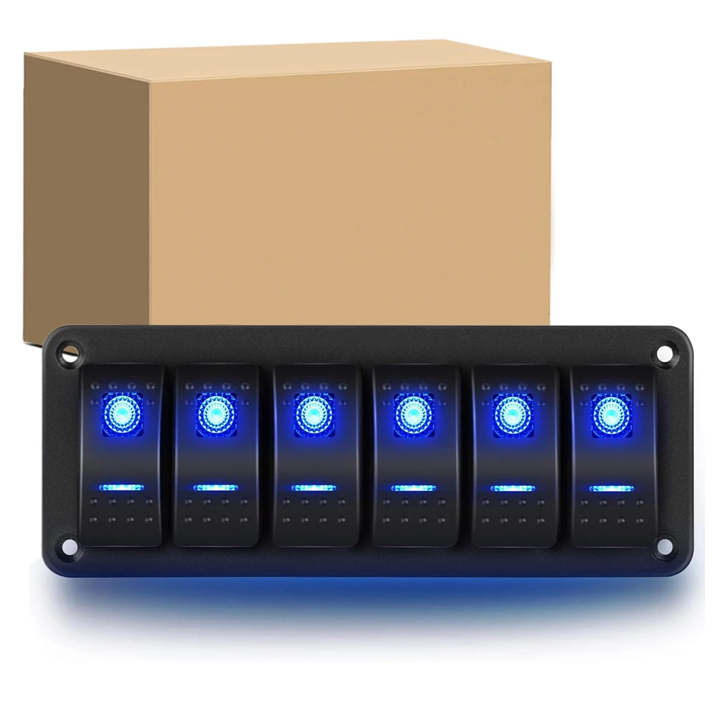6 Gang Aluminum Rocker Switch Panel Toggle Dash 5 Pin ON/Off Pre-Wired Rocker Switch Blue Backlit Switch for Automotive Car Mari