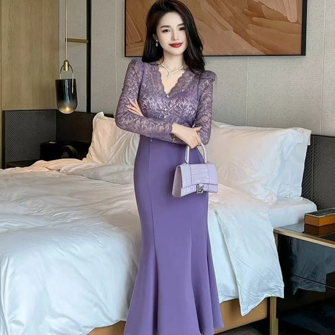 Celebrity Fake 2 Piece Dress Women Elegant Purple Sheer Lace Splice Fishtail Robe Femme Korean Party Office Lady Vestidos Autumn