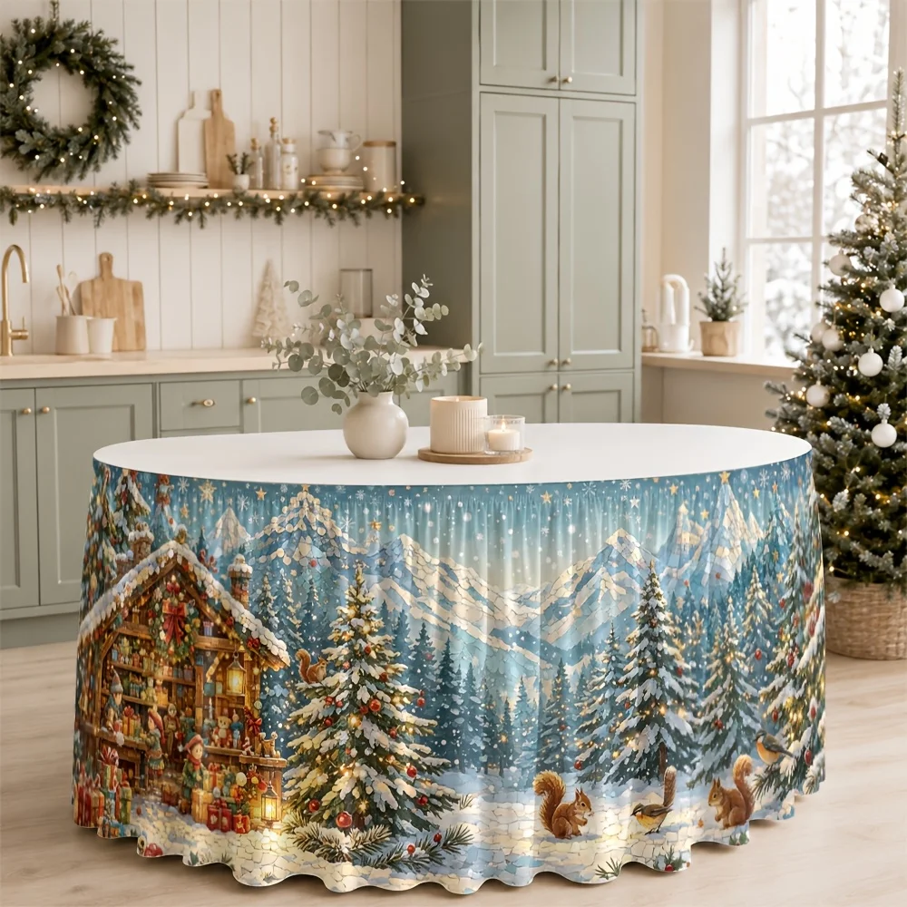 One-piece dress with Christmas village scene print. Warm festive atmosphere. Warm winter wonderland.zyc