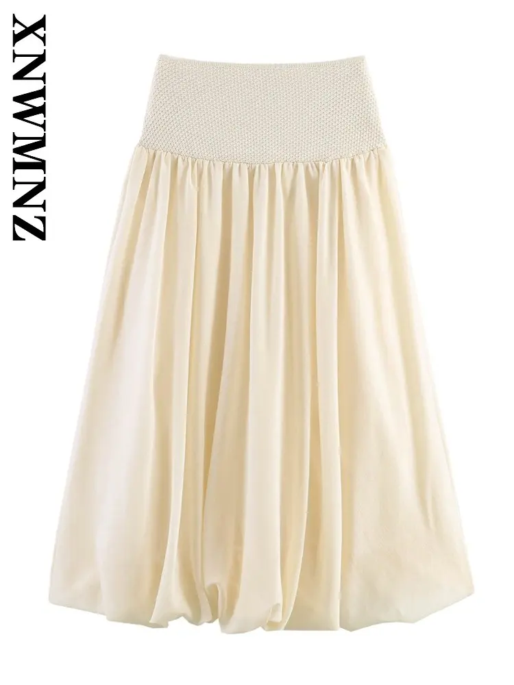 XNWMNZ 2026 Summer New Lady Casual Party Splicing Knit midi A-lineskirt Fashion Bohemian Woman Beige Chic Thin Slim Skirt
