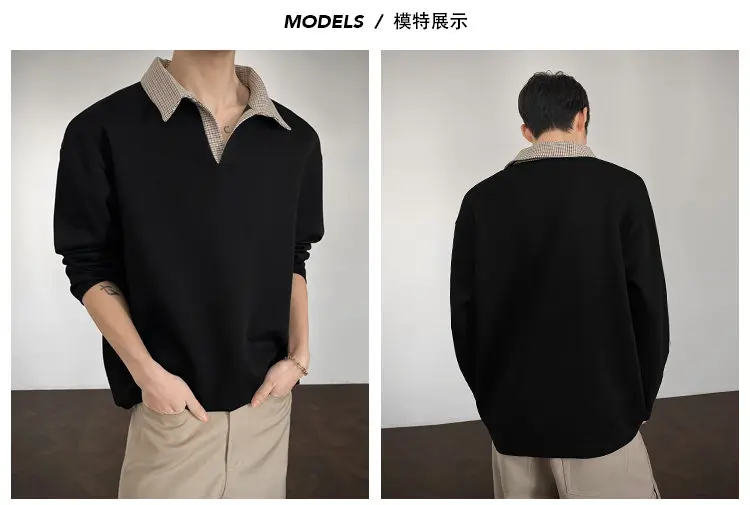 Herren-Poloshirt für den Herbst mit gespleißtem Karokragen, langen Ärmeln, aus weichem Strickstoff, entspannter Silhouette für Outdoor-Reisen. – Detail 11