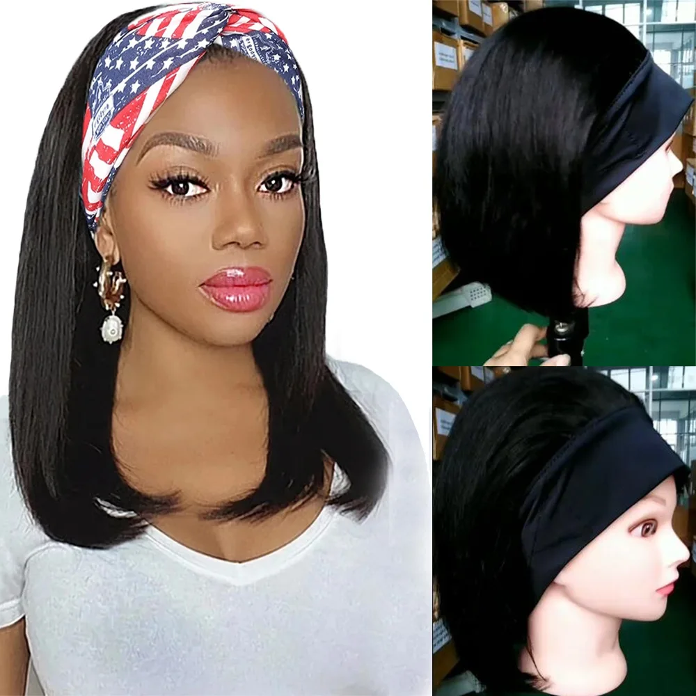 

Headband wigs 14 Inch Silky Straight Natural Black Remy human hair straight Bob wig for Women