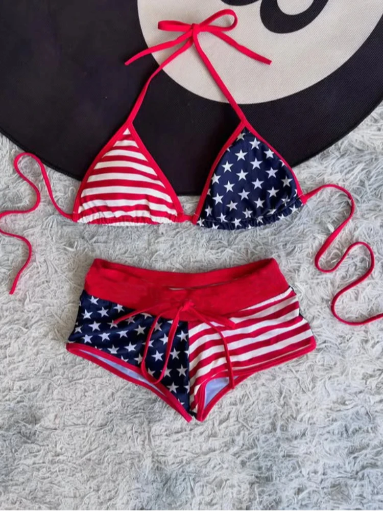 

Punk Vacation Beach Style Classic Triangle Bag Split Swimsuit Fashionable Harajuku Aesthetic Printed Lace Up Neck Hanging Bikini