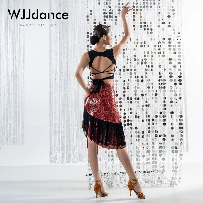 Customized WJJ Latin Dance Suit Tassel Half Length Skirt for Women Gilded Leopard Pattern Lotus Leaf Edge Drift Practice Dress