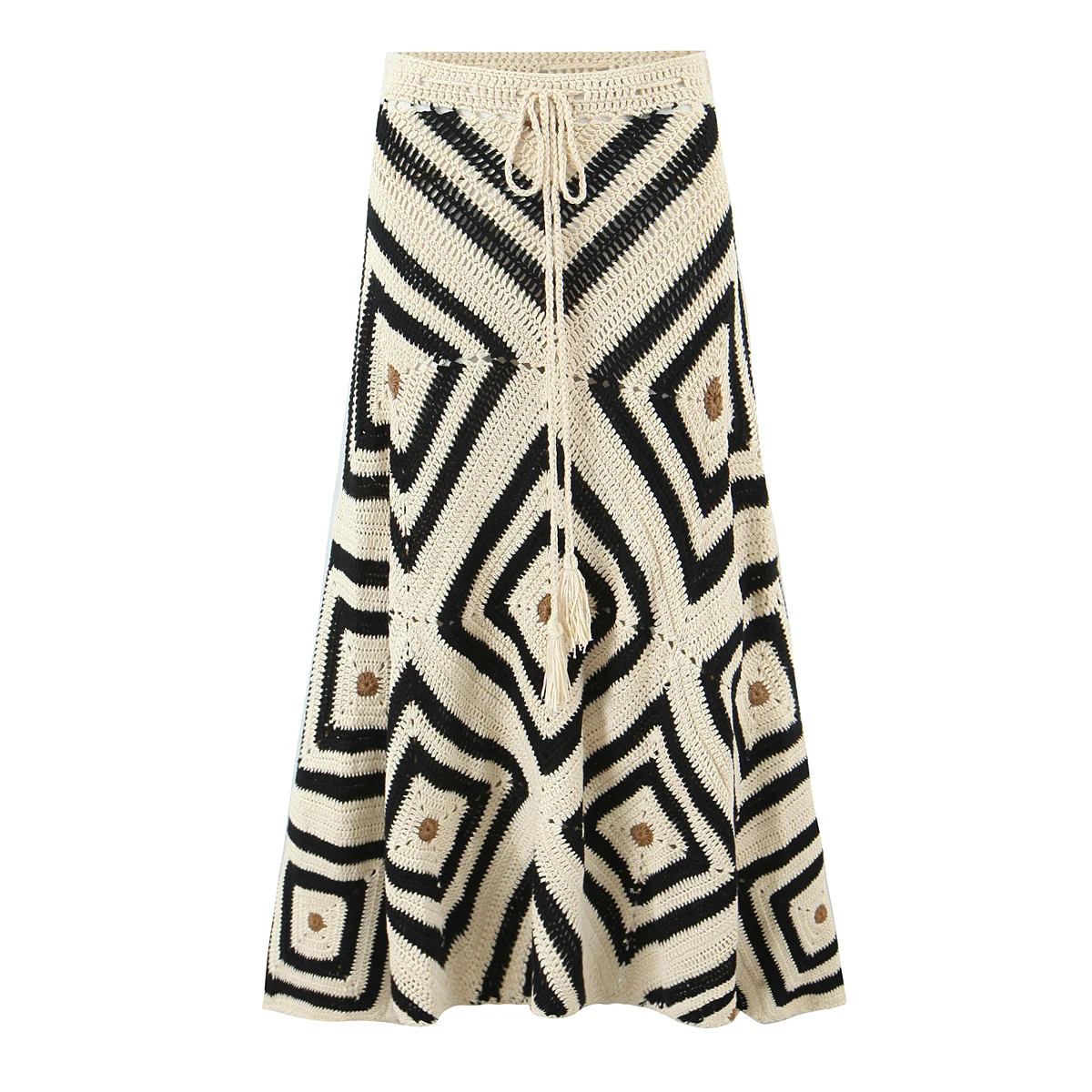 2025 BOHO Beige With Black Plaid Hand made Crochet Long Skirt Bow Lacing Up Bandage Waist Swing Irregular Skater