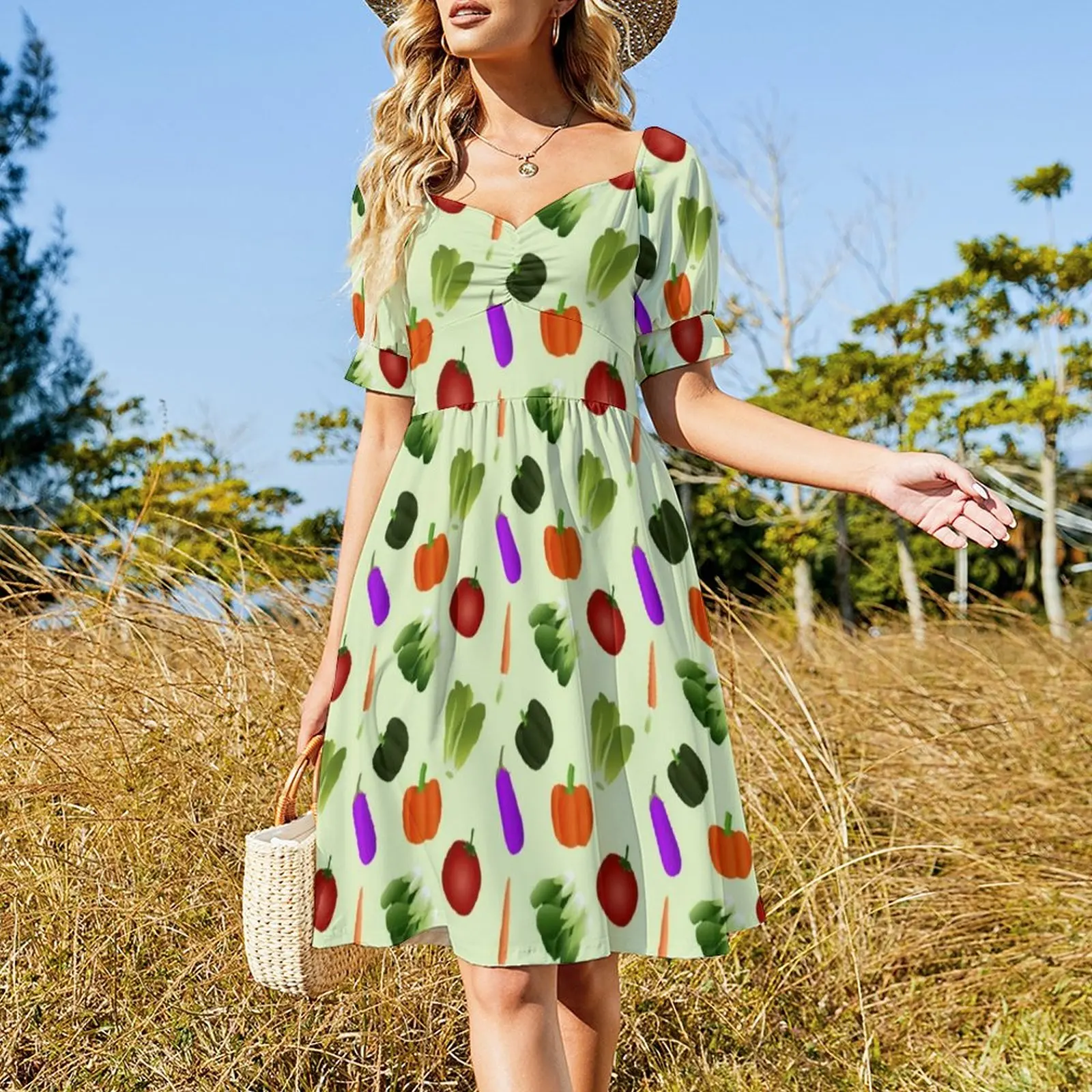 World Vegetarian Day Casual Dress Vegetables Print Street Style Dresses Modern Dress Woman V Neck Oversize Clothing