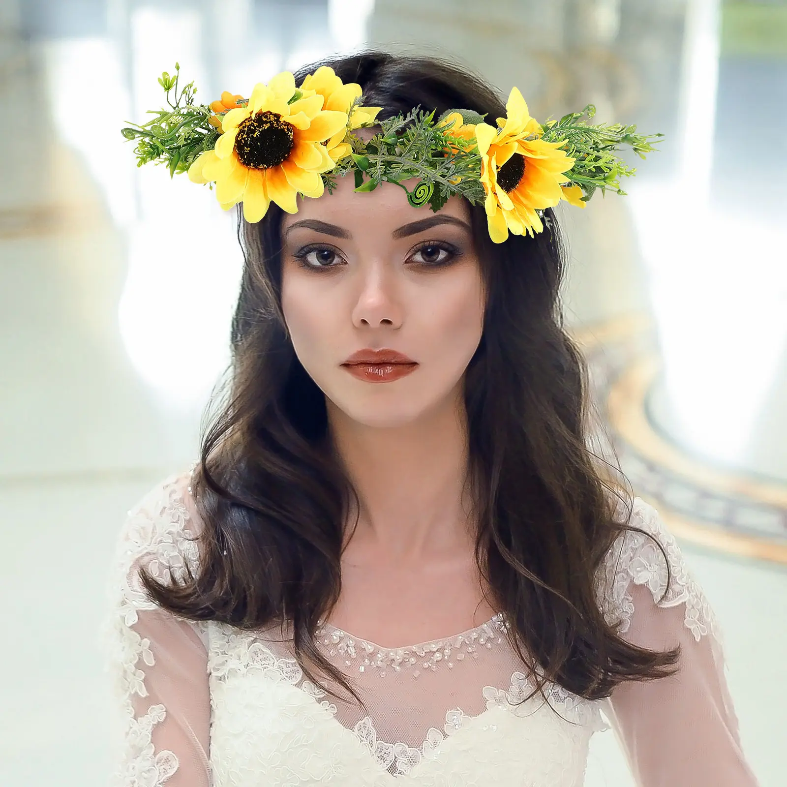 

Sunflower Hair Wreath Adjustable Ribbon Fit Most Women Girls Lifelike Realistic Floral Wedding Bridal Headdress Party Festival