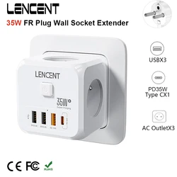 LENCENT 35W Power Strip Wall Socket with 3 AC+3 USB QC 18W +1 Type C PD 35W Fast Charger Adapter 7-in-1 Socket On/Off Switch