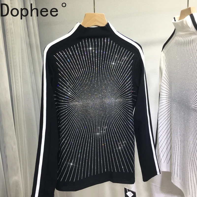 

Colorblock Long Sleeve Women T-shirt High Collar Autumn Winter Elegant Basic Tees Luxury Shiny Hot Drilling Large Size Pullovers