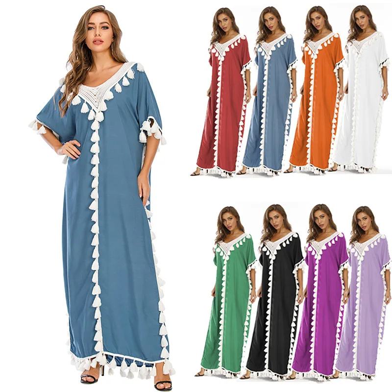 Islam Abaya Dress for Women, Boho Summer Tassel Moroccan Kaftan, Islam Clothing, India Ropa Long Robes, Evening Gown