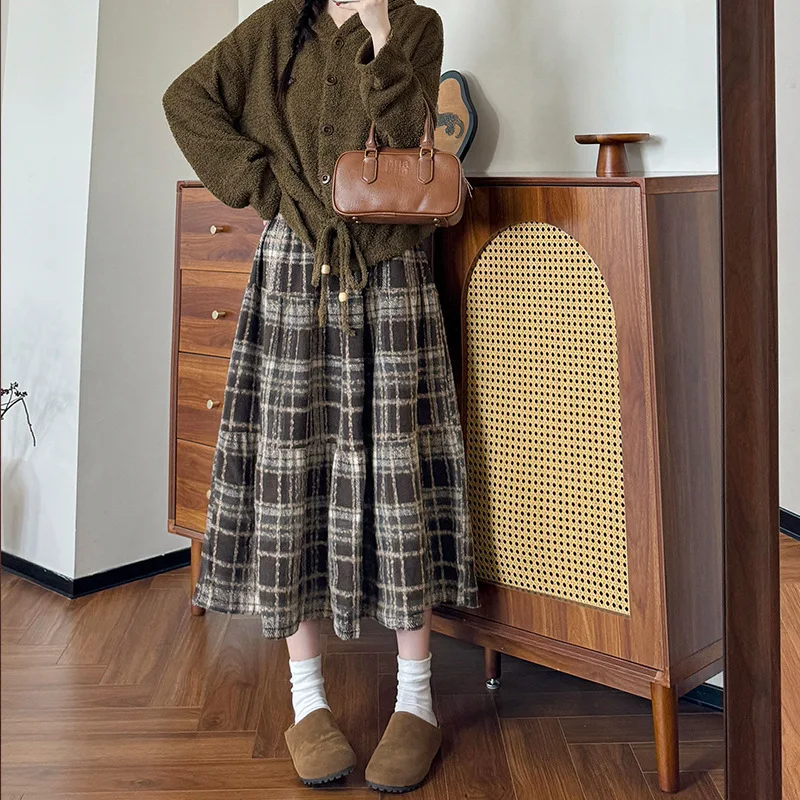 

Осенне-зимняя женская шерстяная клетчатая юбка трапециевидной формы с высокой талией средней длины, макси-юбки трапециевидной формы для женщин