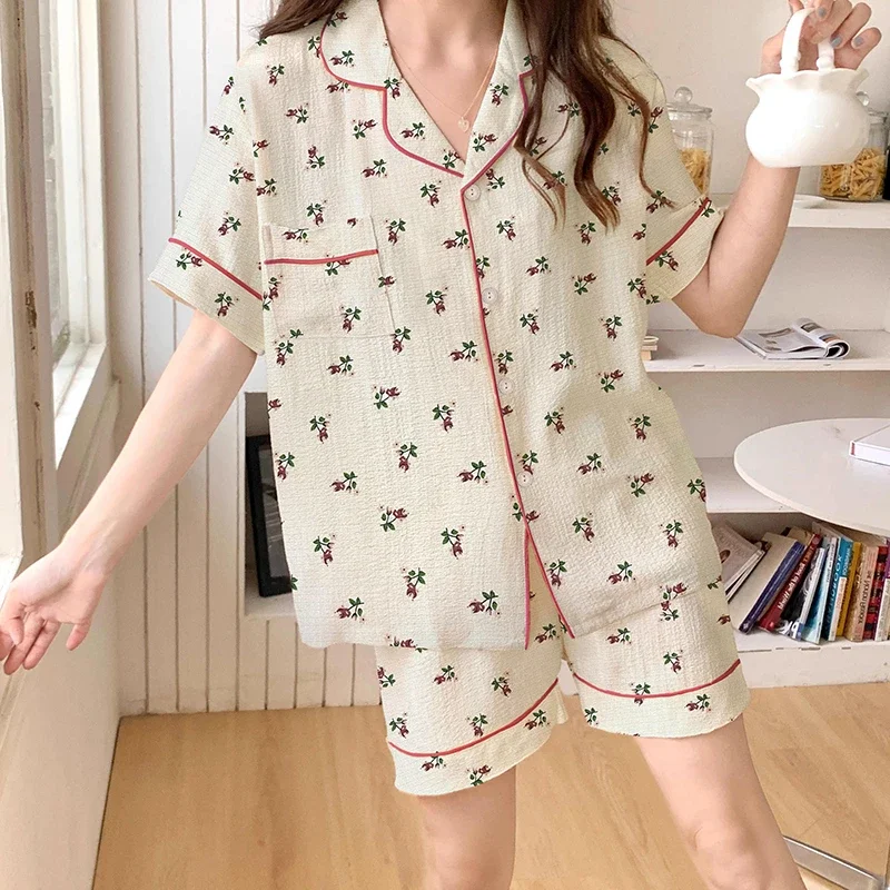 Korean Fresh Literary Sweet Print Women Pajamas Japanese Harajuku Simple Y2k Homewear 2024 New Summer Wrinkled Fabric Nightwear