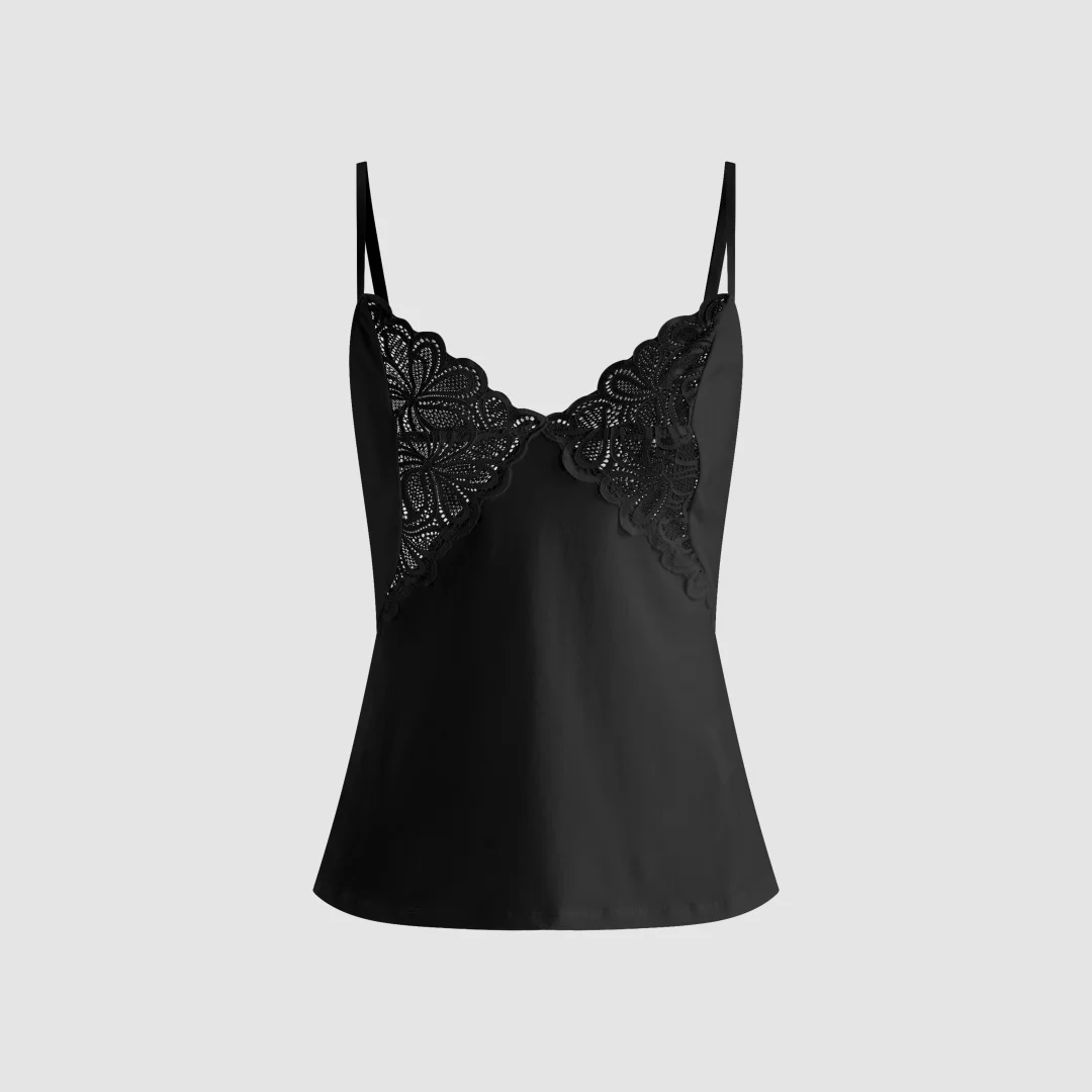 2026　Butterfly Lace Trim High-Stretch Camisole – V-Neck Spaghetti Strap Tank Top in Black & White for Layering or Loungewear