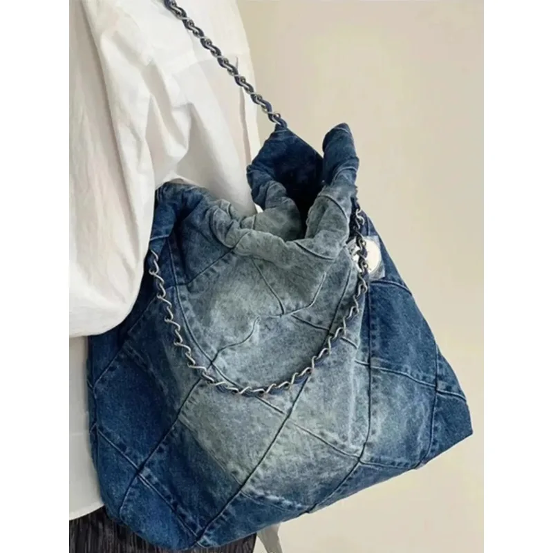 

2025 New Diamond id Chain Small Fraance Tra Bag Single oulder Retro Denim Bag Large Capaci Underarm Tote Bag