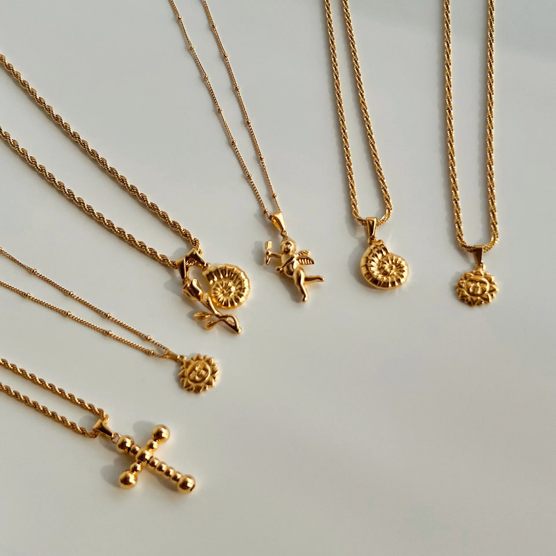 INS 18k Gold-plated Stainless Steel Cross Cupid Necklace For Women Vintage Sun Pendant Necklaces Chain Fashion Jewelry Gift