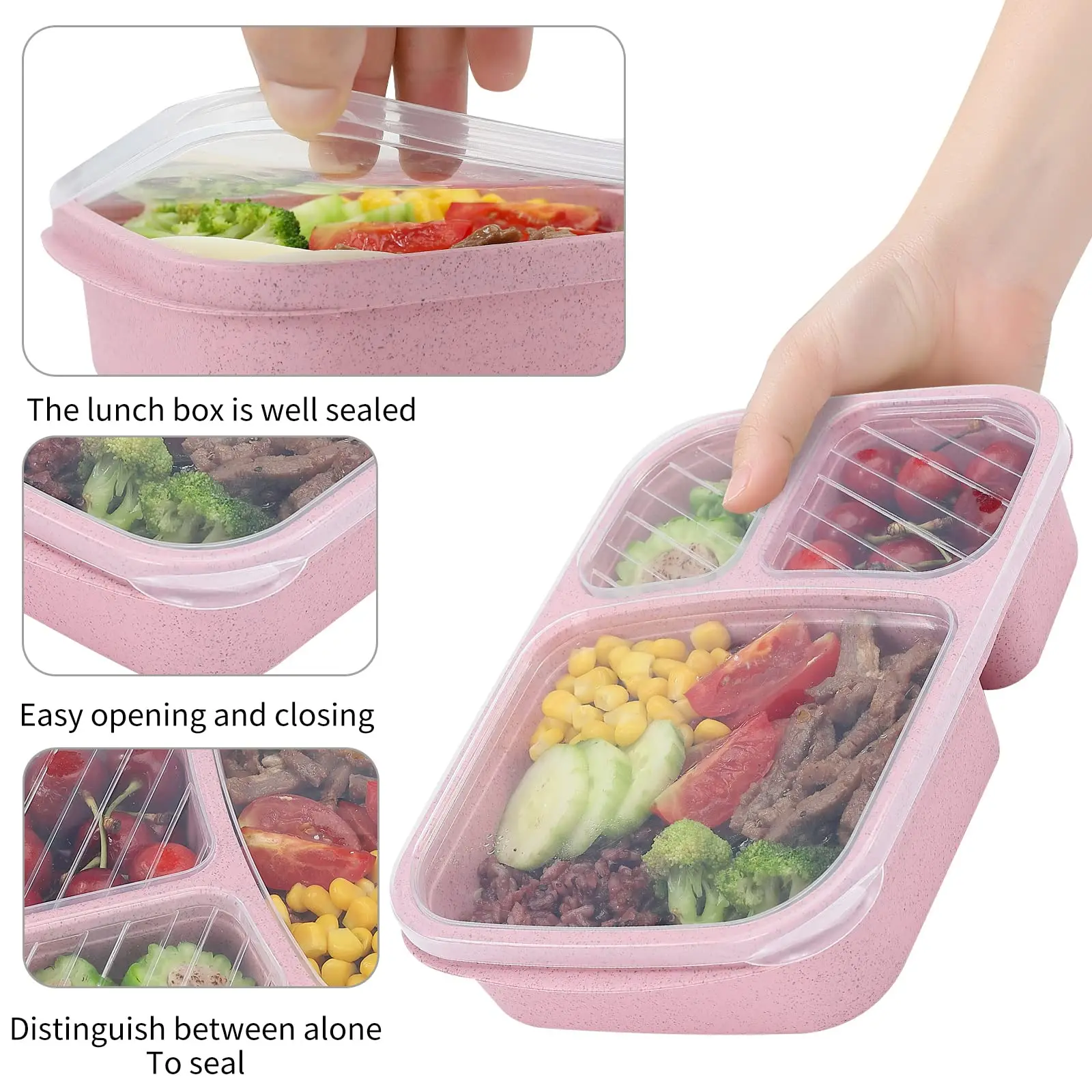 Bento Lunch Box 3 Compartment Wheat Straw Meal Prep Food Storage Containers Plastic, 1 Pack