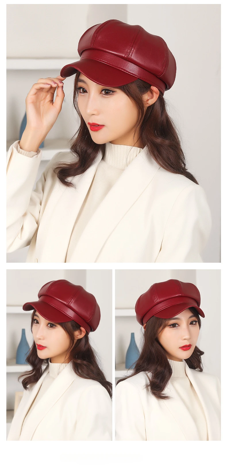 Neue Frauen PU Leder Berets Kappe Hut Schwarz Rot Außen Einstellbar Weibliche Herbst Winter Casual Dame Kappe Hut Für Frauen – Detail 6
