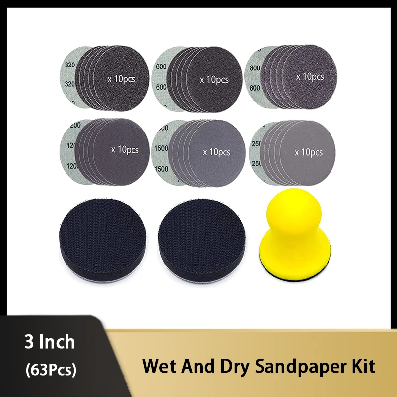 

63 Pieces Of 3 Inch Hook Sandpaper And Annular Sandpaper Tray With Manual Sanding Block Wooden Metal Mirror Interface Pads