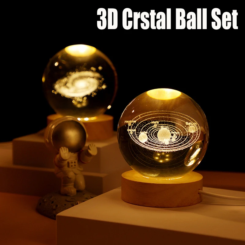 

3D Solar System Crystal Ball 5cm Night Light Led Lamp Bedside Table Glowing Galaxy Lamp Saturn Planets Moon Toy For Children