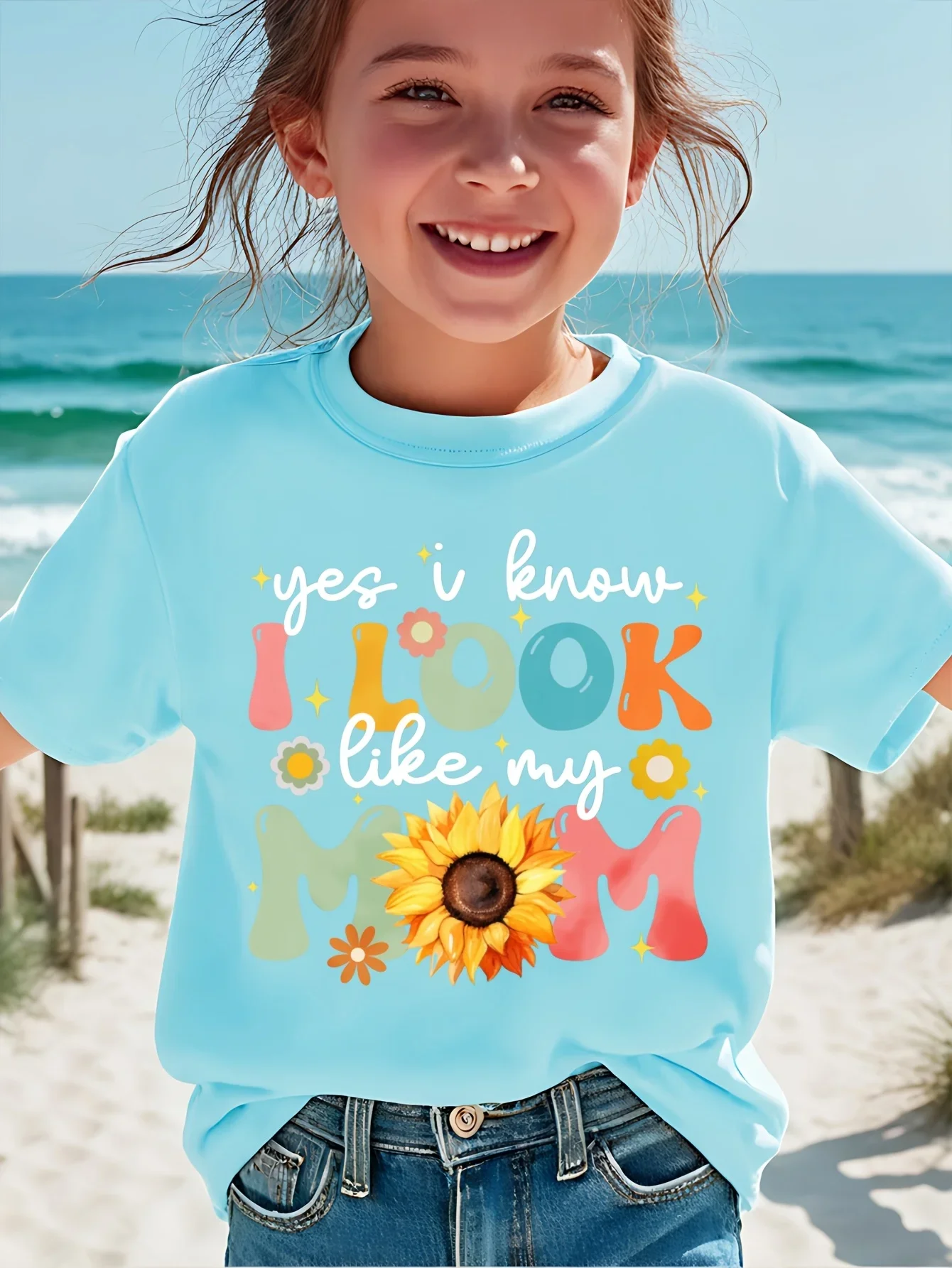 Cute Girls Daily T Shirt Yes I Know I Look Like My Mom Sunflower And Flower Print Children Short Sleeve Casual Top