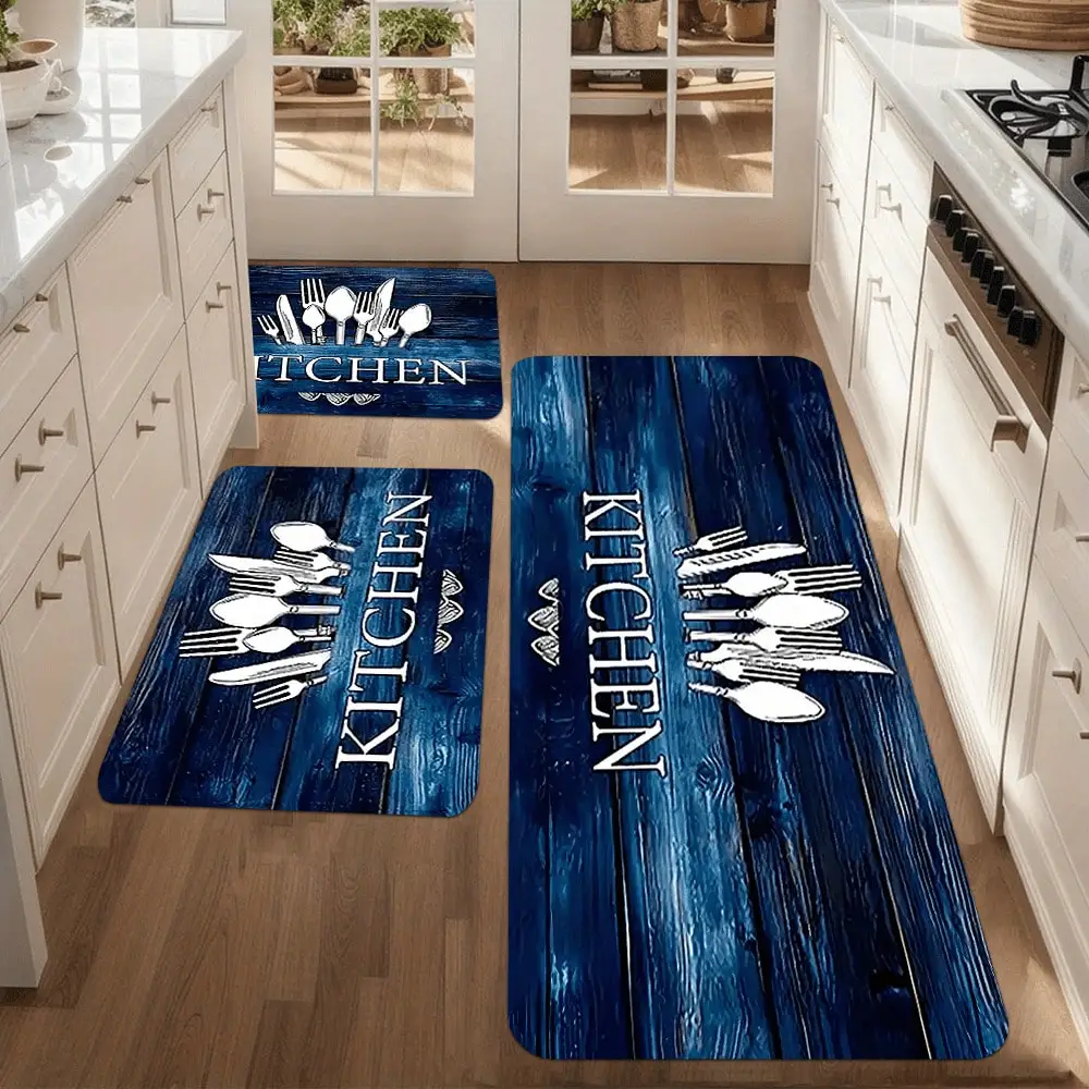 Farmhouse Rustic Blue Wood Kitchen Mat Set Bathroom Runner Rug Absorbent Home Decor Kitchen Accessory Mat for Cabin Bath