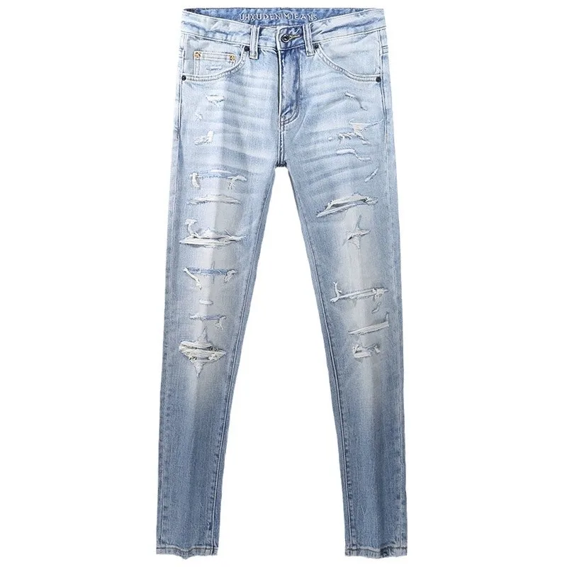 Street Designer Fashion Men Jeans Retro Light Blue Stretch Slim Patched Ripped Jeans Men High Quality Y2K Vintage Denim Pants