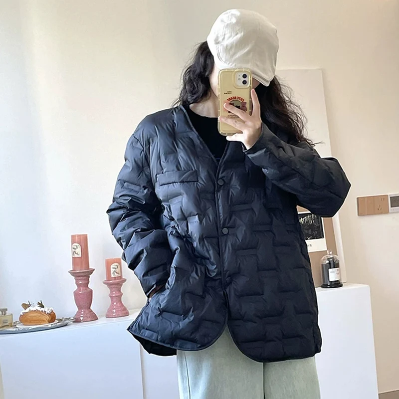 Schinteon Women Lightweight White Duck Down Jacket V-Neck Collar Autumn Winter Outwear Casual Loose Simple Coat 2025 New