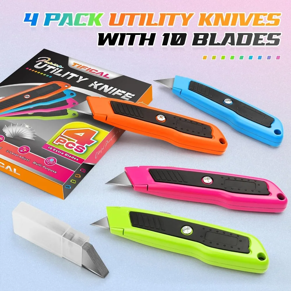 4-Pack Heavy Duty Box Cutter, Retractable Utility Knife with 10 Extra Blades, Zinc Alloy, for Cardboard, Boxes, Vinyl, Carpet, Leather view 2