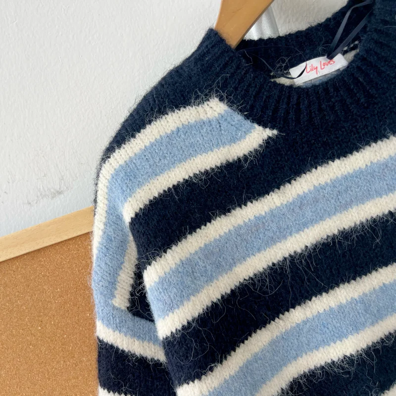 Herbst Winter runder Ne-Pullover, weich, gemütlich, Farbe, Blo-Streifen-Design, lässig, bequem, Pendeln, lang, Sve Damen-Strickwaren