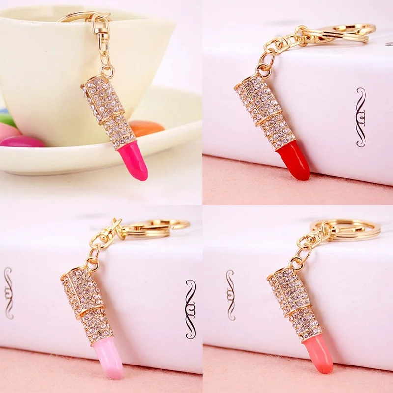 Fashion Metal Full Rhinestone Lipstick Red Keychain Bag Pendant Key Chain For Woman Gift