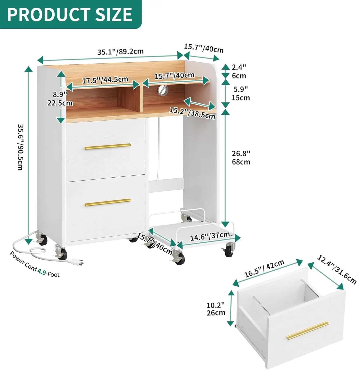 File Cabinet with Charging Station, Printer Table Cabinet for Home Office, Printer Stand Cart, Fits A4, Letter, White