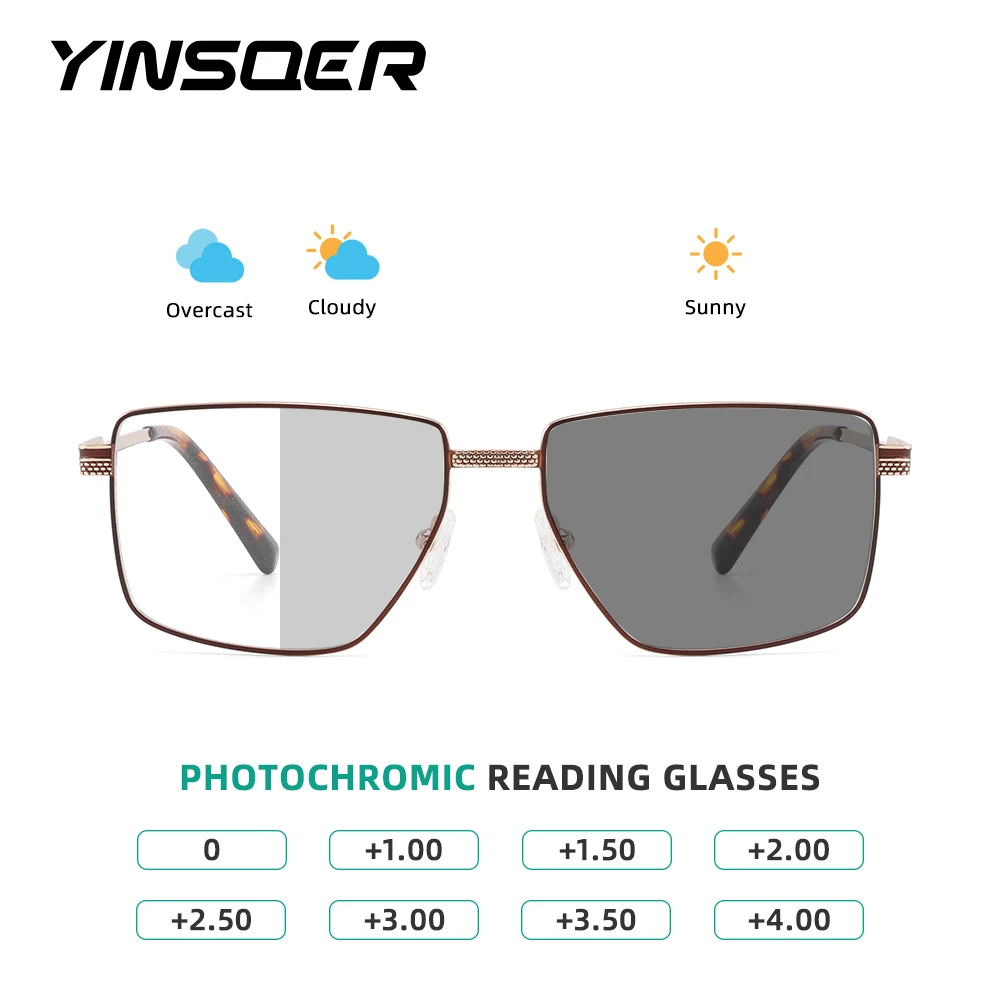 

Photochromic Reading Glasses with UV400 Protection Square Metal Frame Unisex Sunglasses for Men Women Lightweight Comfortable