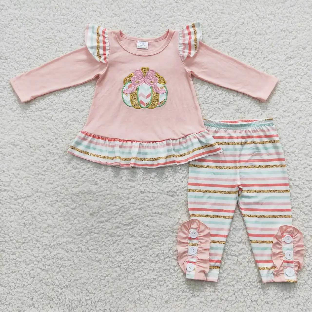 

Wholesale Toddler Thanksgiving Embroidery Outfit Kid Long Sleeve Pumpkin Baby Girl Ruffle Stripes Pants Infant Children Pink Set