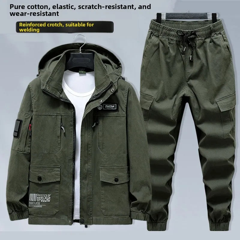 

New Pure Cotton Workwear Set Men's Anti-Heat Wear Resistant Welding Outerwear Elastic Work Uniform Spring Autumn