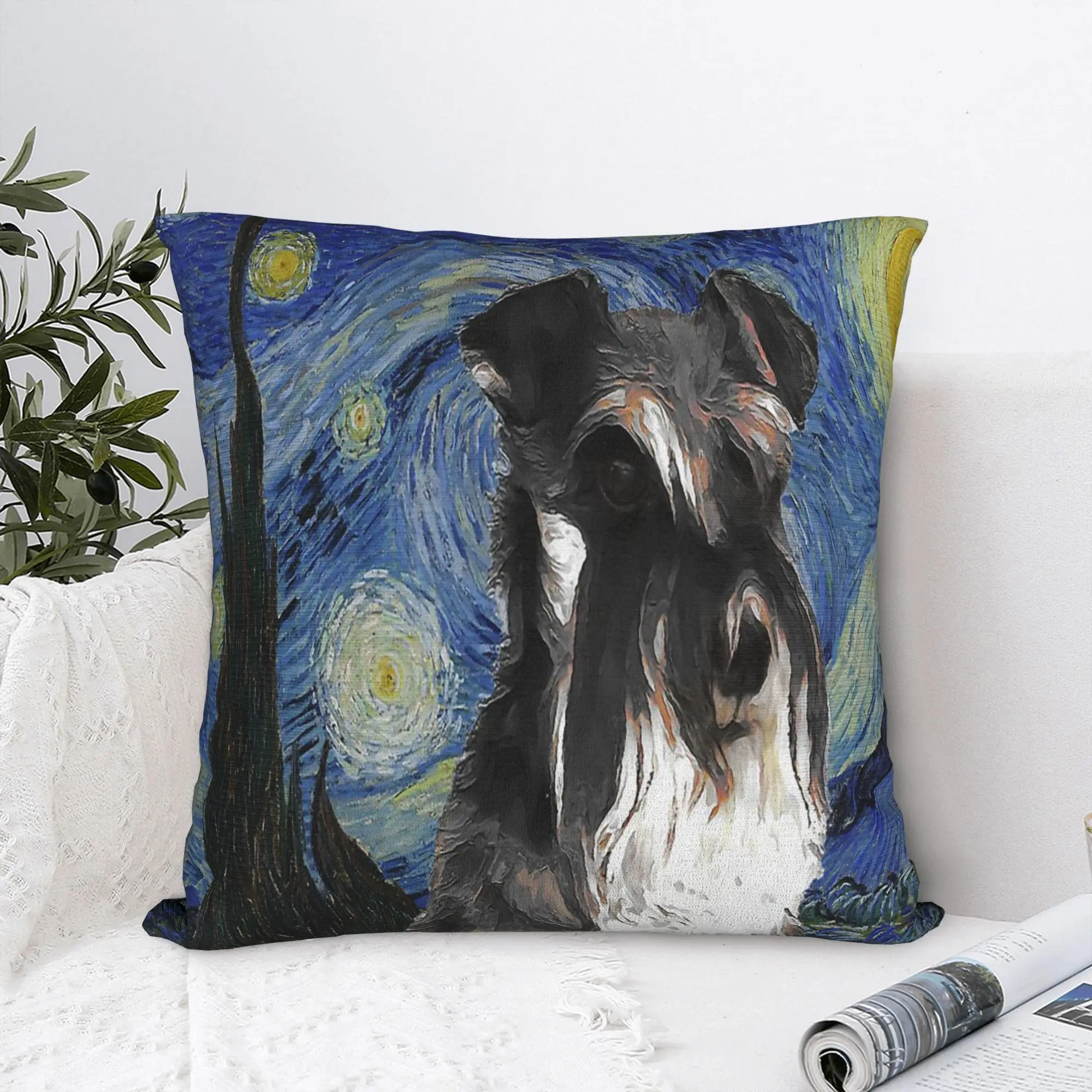 Mini Schnauzer Dog Van Gogh Starry Night Pillowcase Polyester Cushion Cover Decorations  Pillow Case Cover Sofa Square 45*45cm