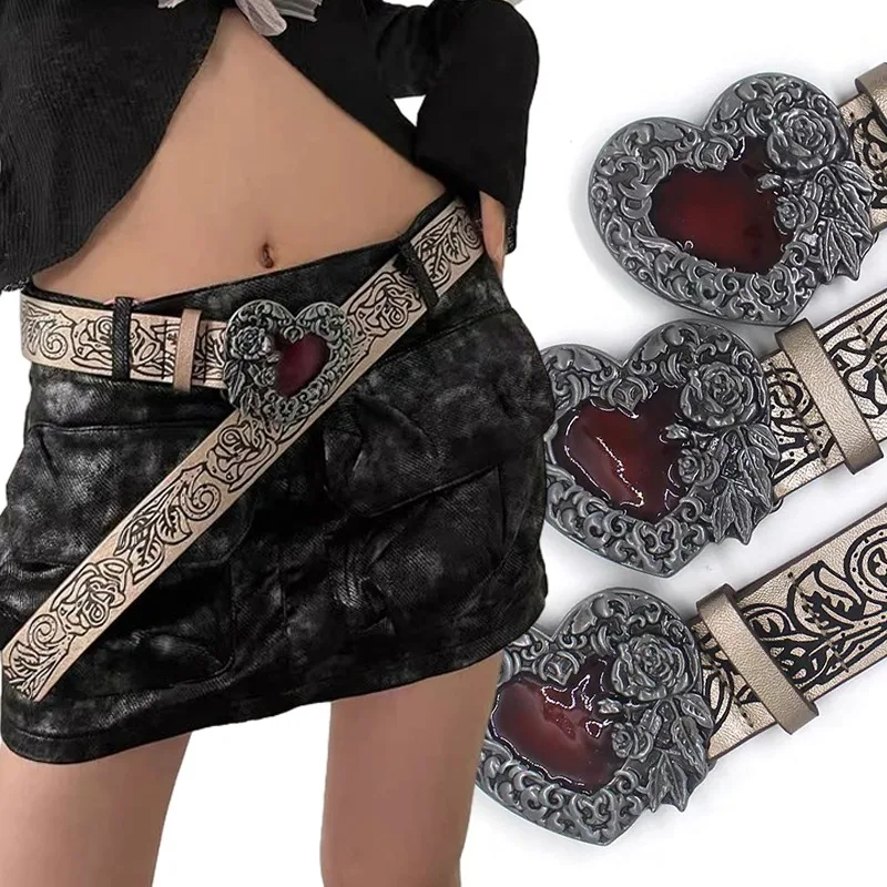 

Metal Rose Heart Women Belts Chain Luxury for Leather New Style Pin Buckle Jeans Decorative Ladies Retro Decorative Punk Gothic