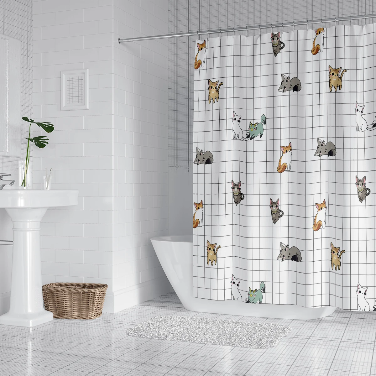 1PC, 180x180cm bathroom polyester shower curtain, mold resistant and waterproof, perforated with hooks, small square, cat