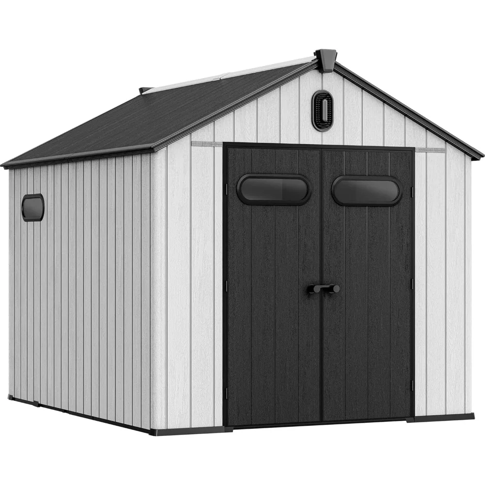 

Resin Storage Structure, 8x10ft Outdoor Plastic Garden Storage Unit with Windows, Vents and Lockable Entrance, Waterproof Tool