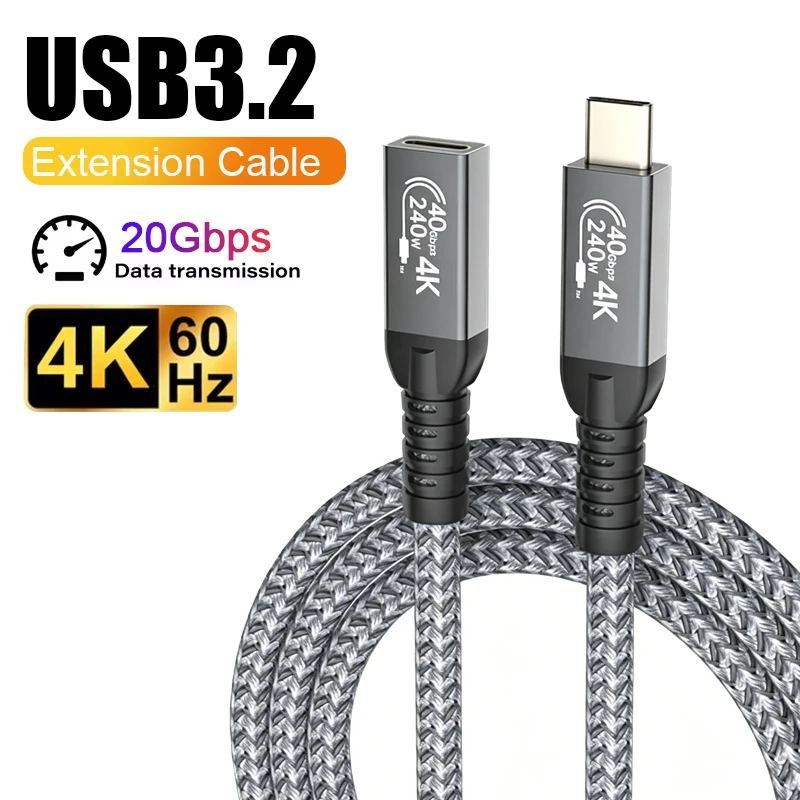 Câble d'extension USB 3.2 Gen2 Type-C mâle vers femelle PD240W, 20 Gbps, Thunderbolt 4, cordon de données 4K@60Hz pour MacBook Pro, Samsung, Xiaomi