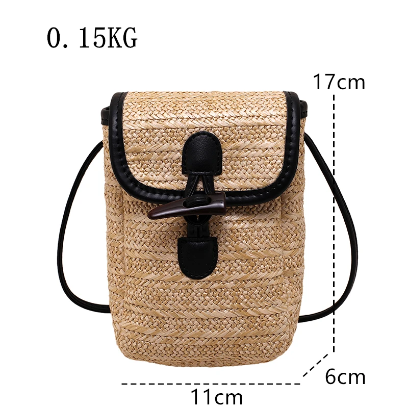 Pleciona ze słomy damska torba Crossbody letnia Bohemia plażowa rattanowa damska torba na ramię w stylu Retro z jednolitym silnik wibracyjny do telefonu