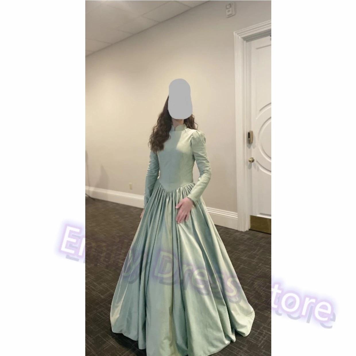 

Green Satin Evening Dress Women Floor Length Full Sleeves High Neck Bridesmaid Bridal Formal Long Ball Gowns Pageant Dress