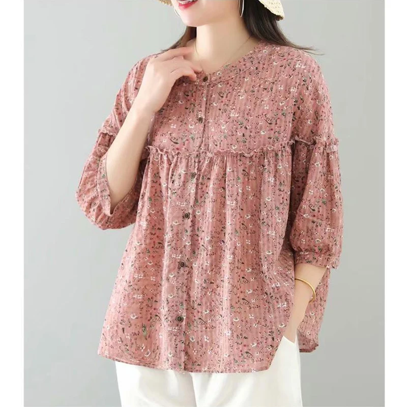 Women Ruffle Floral Print Vintage Button Shirts Spring Summer Trendy Simple Sweet Blouses 3/4 Sleeve Loose Streetwear Tops Blusa