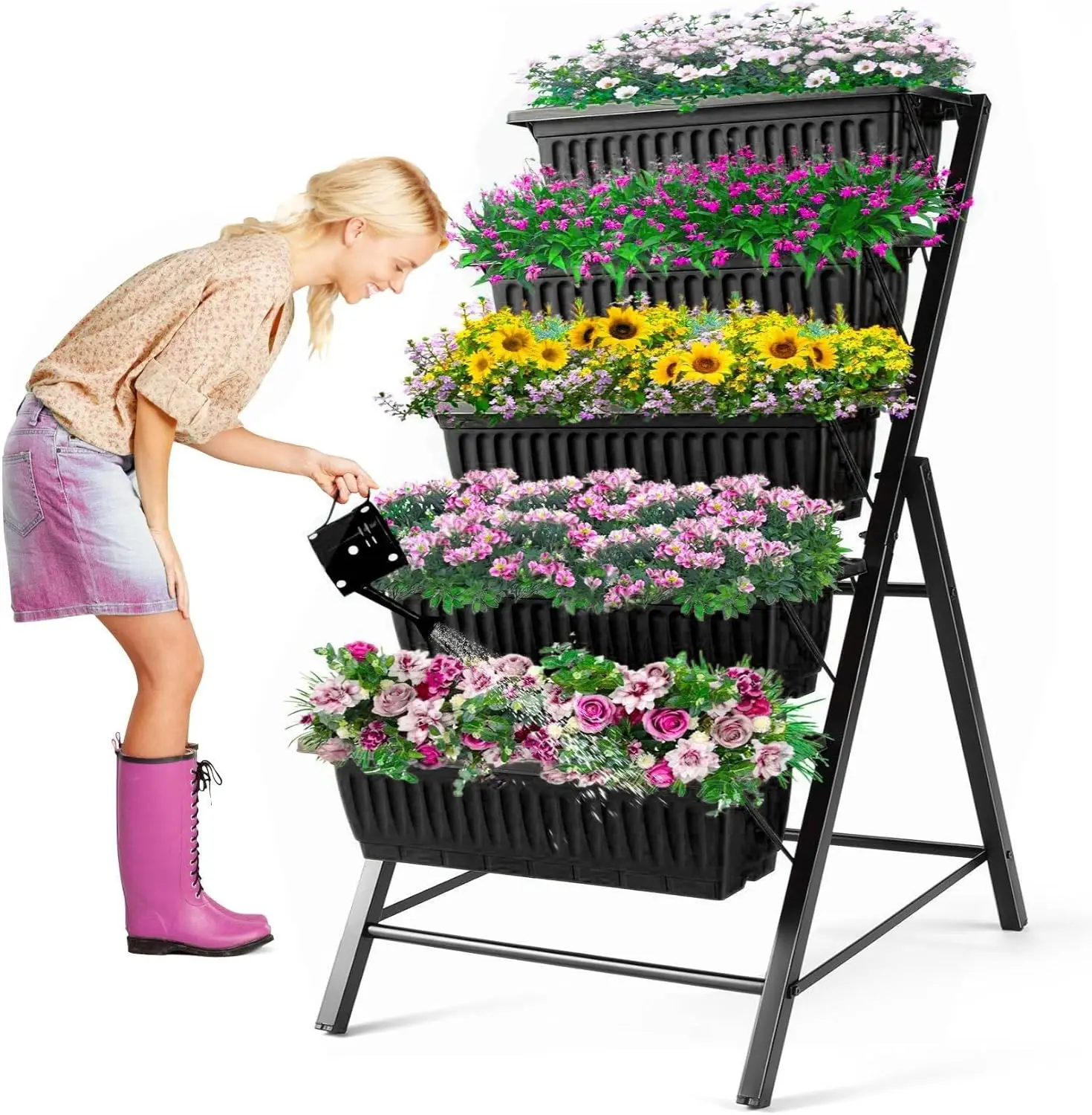 Outdoor Garden Patio Yard Vertical Gardening 5 - Tiers Metal Planter in Black - 3.74FT with 4 Hooks
