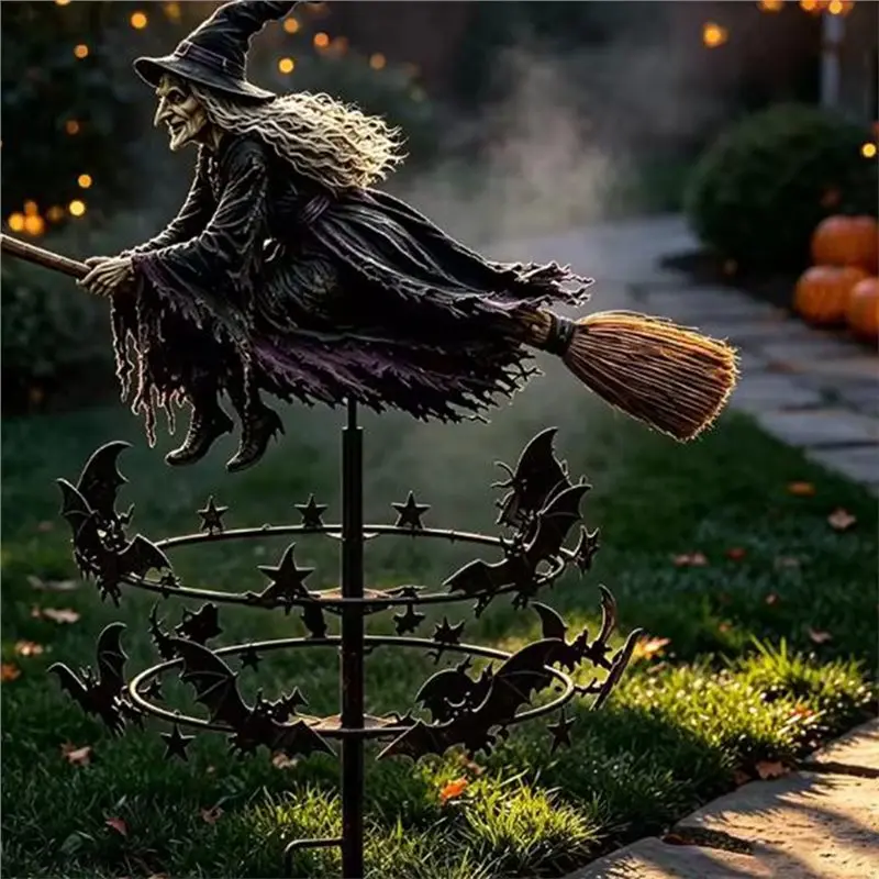 ABYN-Halloween Witch Iron Weather Vane, Metal Wind Indicator Waterproof Roof Yard Garden Lawn Decor Ornament